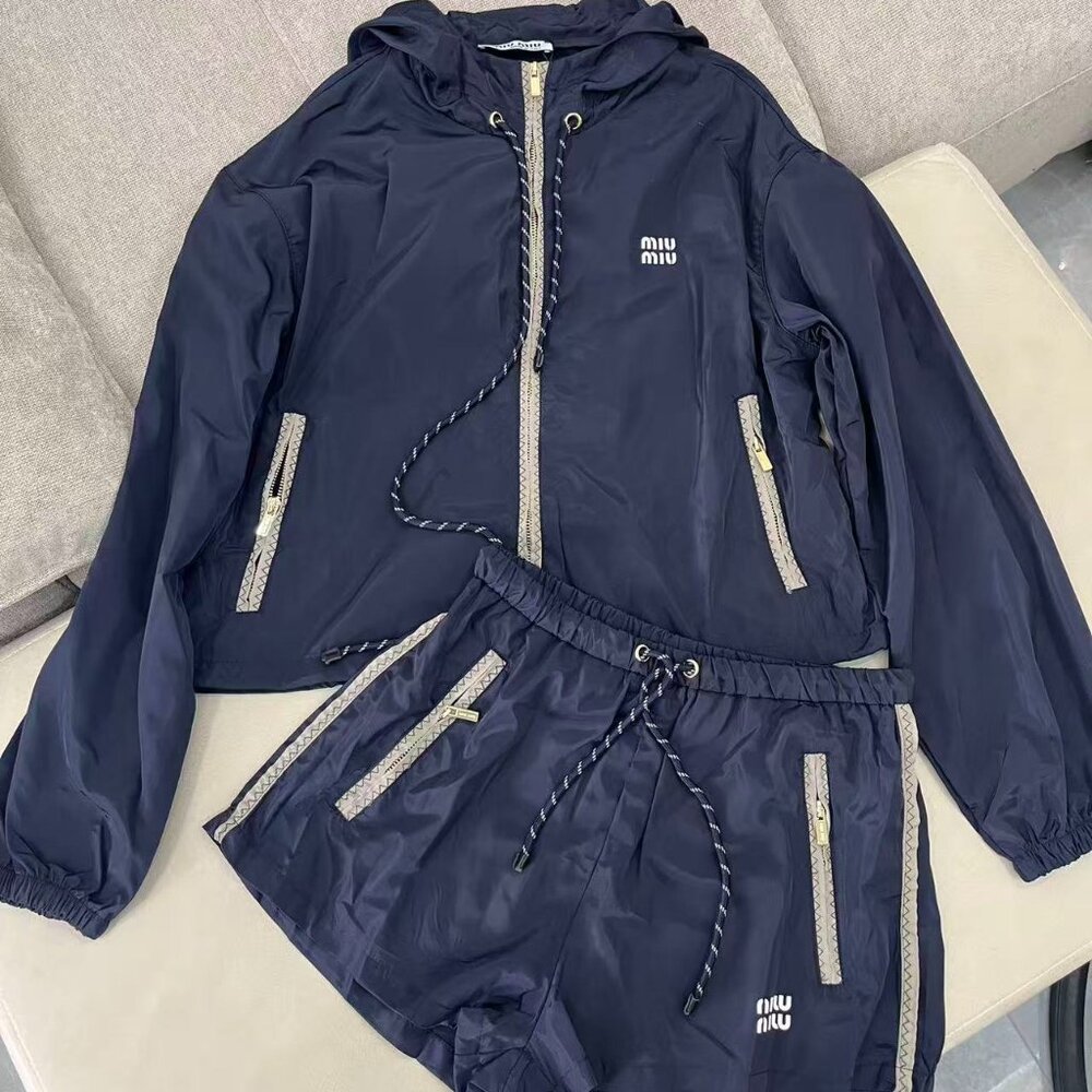Miu Miu Navy Blue Hooded Sun Protection Jacket + Shorts Two-Piece Set, Size S.